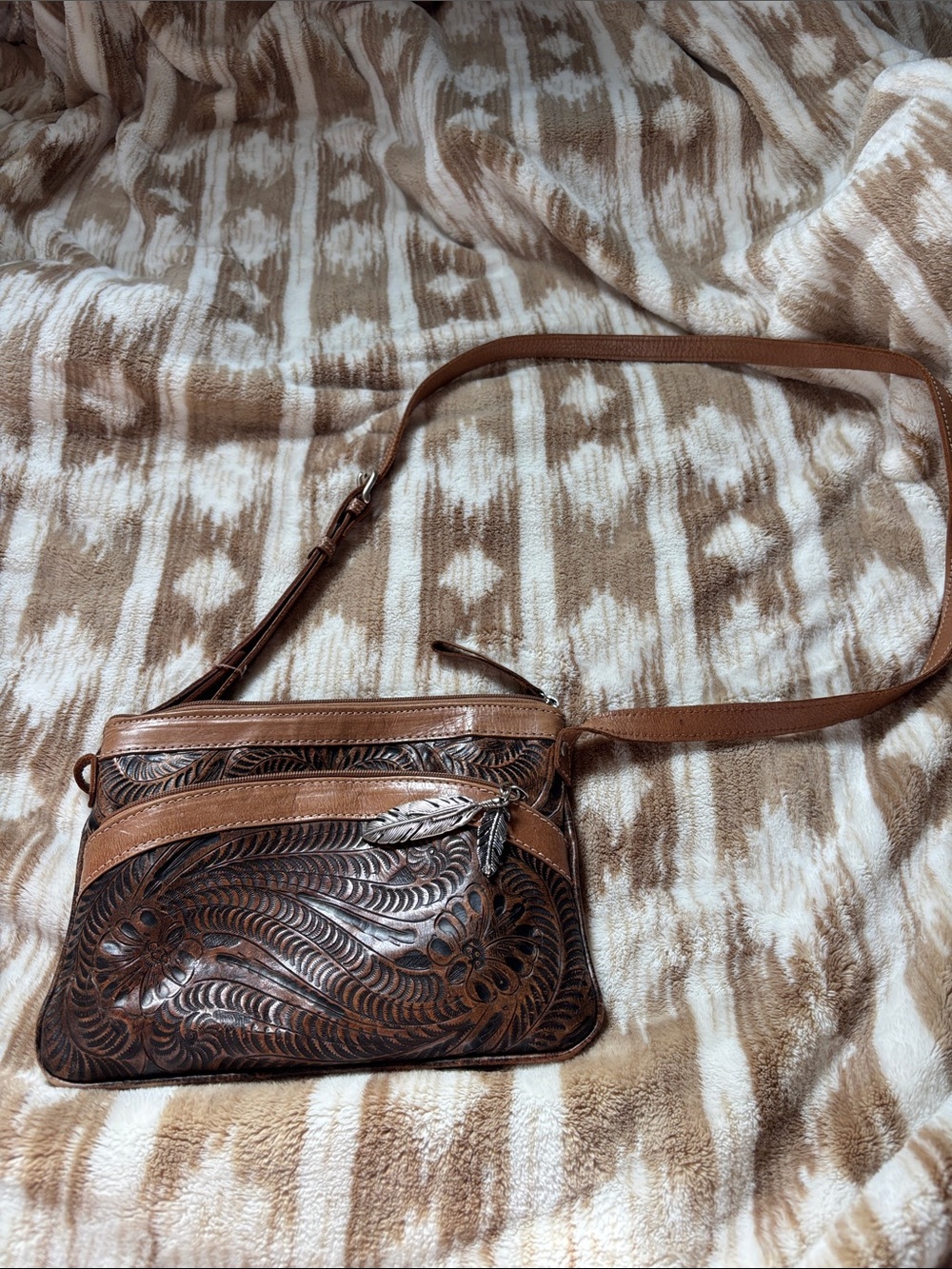 American West Brown Tooled Leather Crossbody Bag